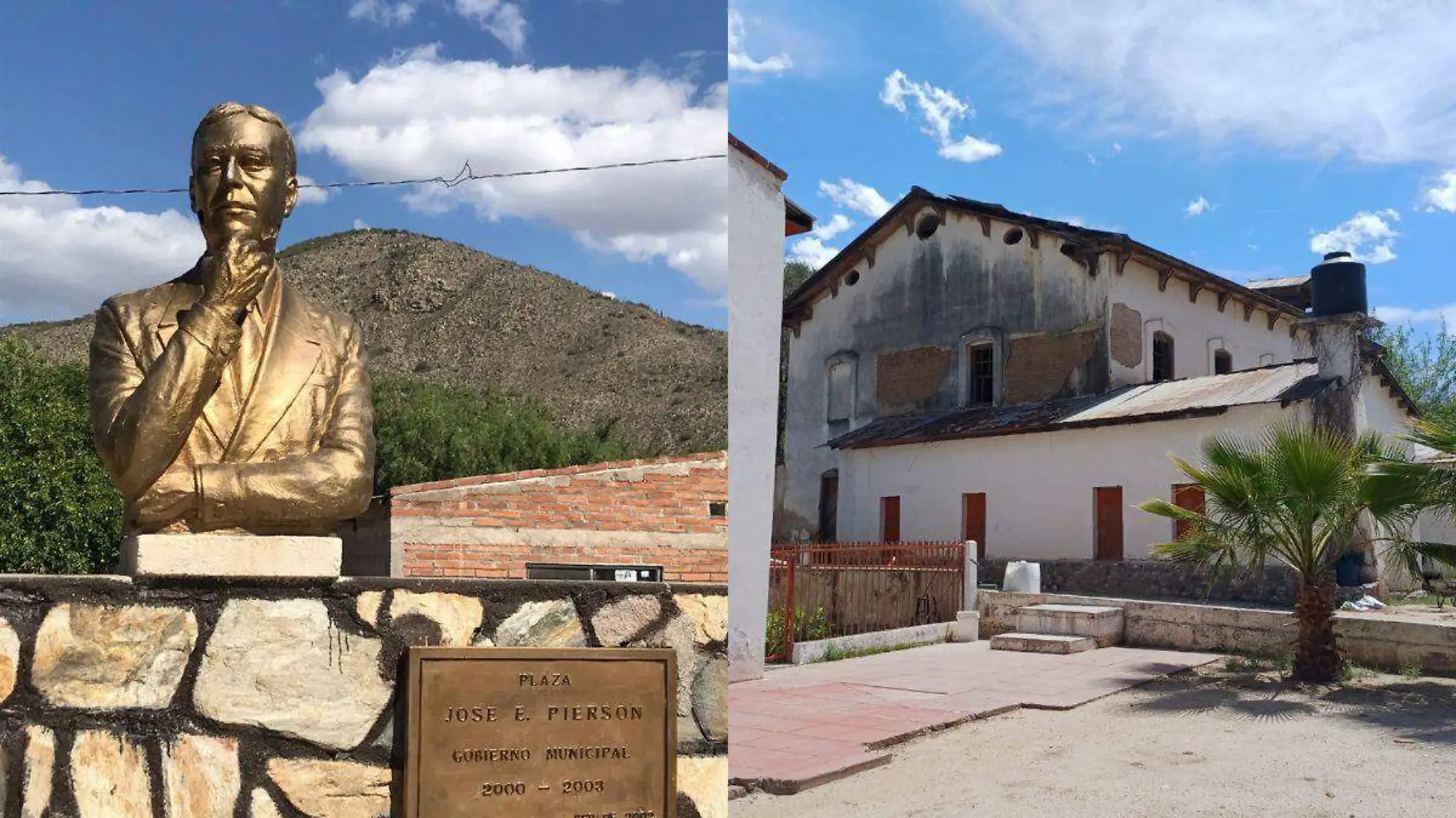 Busto de José Eduardo Pierson colocado en la plaza de Terrenate. Atrás de aprecia el cerro de la Cruz